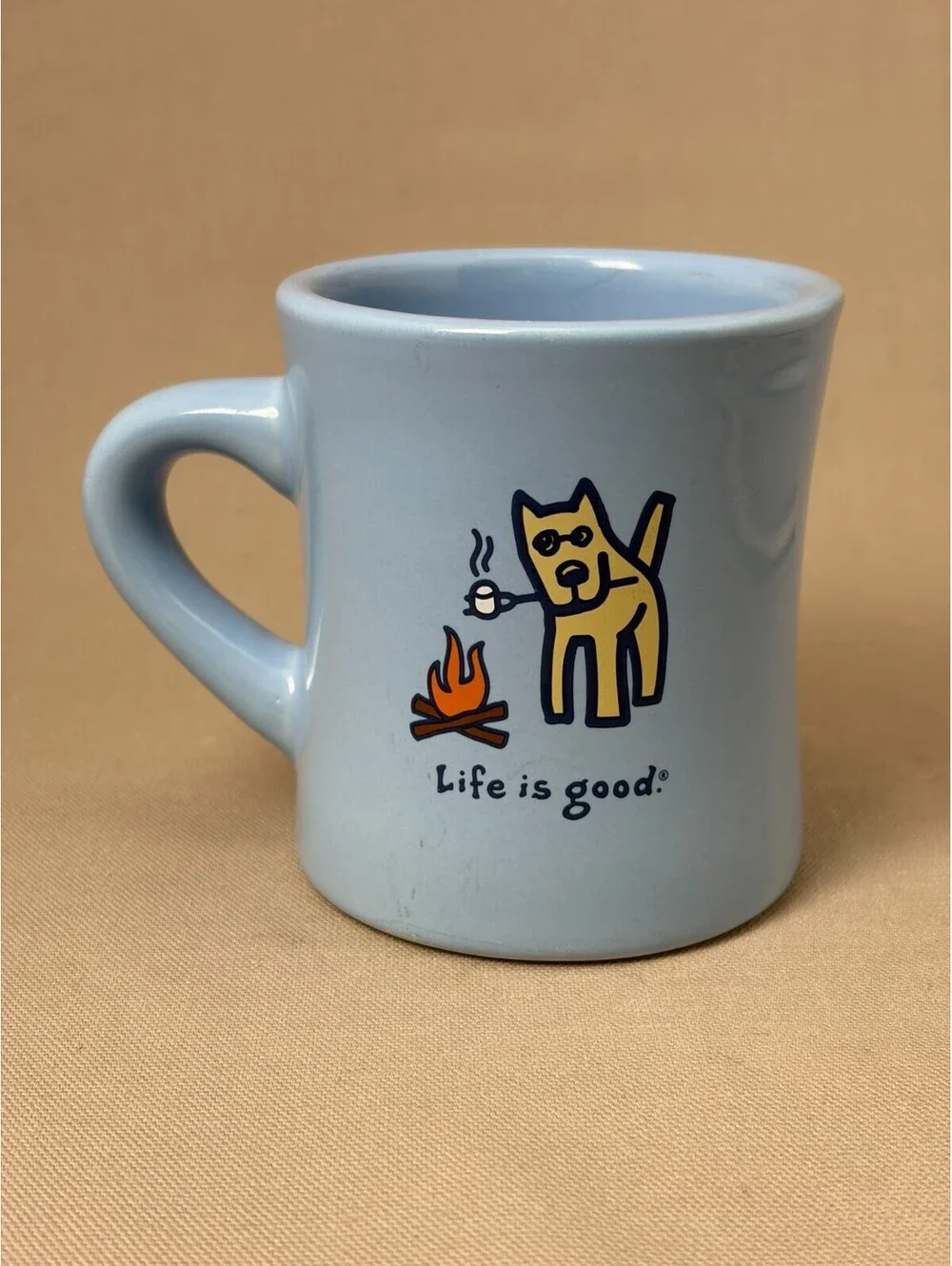 Life is Good Coffee Mug Blue Rocket Dog Campfire Marshmallow Diner Tea Cup 12oz